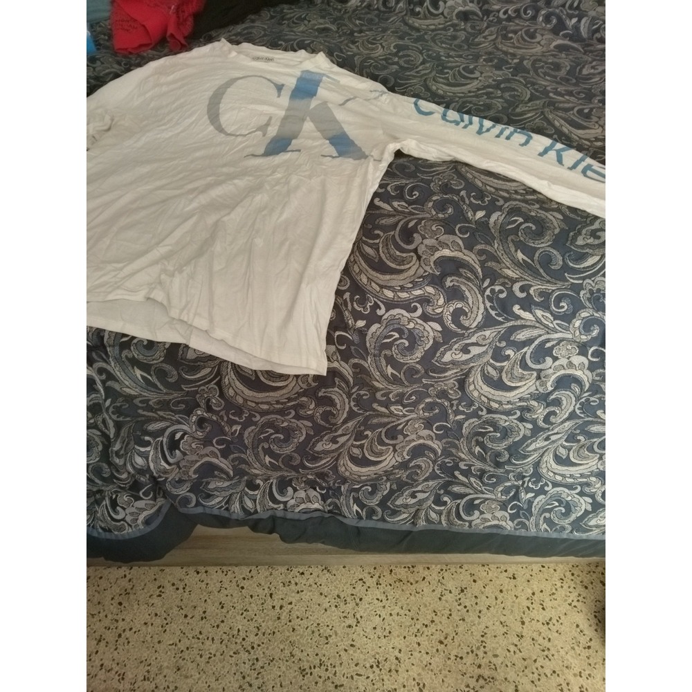Mens Calvin Klein Jeans Long Sleeve Crewneck White T Shirt blue Logo XXL - NICE
